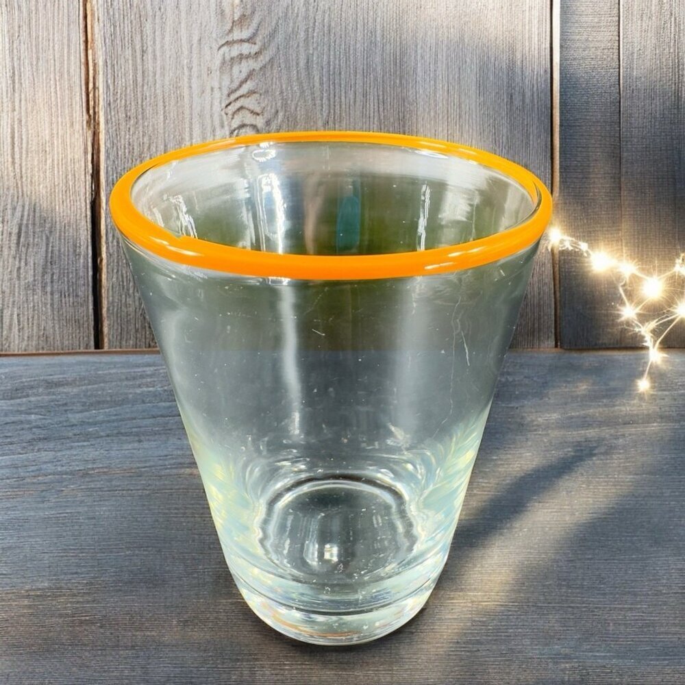 Hand Blown Glass Tumbler Cocktail Rocks Glass Cup Handmade Orange Rim Single Cup